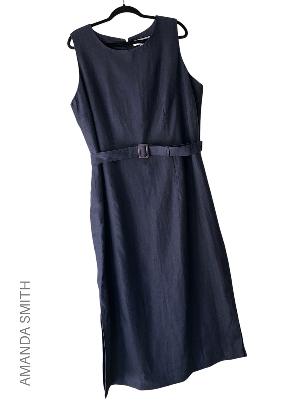 AMANDA SMITH SLEEVELESS LINEN MAXI SHIFT DRESS LIKE NEW BELTED NAVY LINED 18W